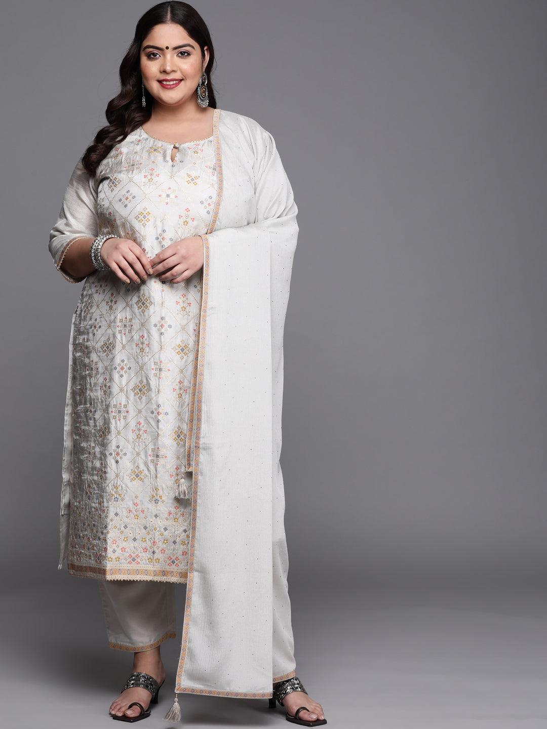 Plus Size Grey Woven Design Silk Blend Suit Set - ShopLibas