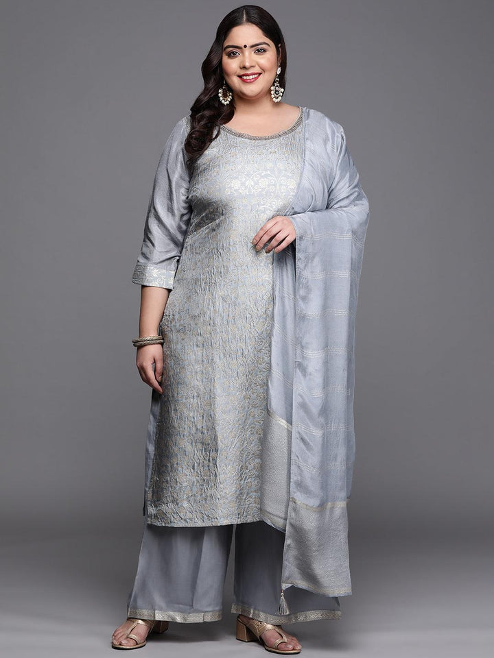 Plus Size Grey Woven Design Silk Blend Suit Set