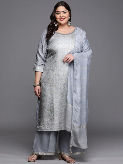 Plus Size Grey Woven Design Silk Blend Suit Set - ShopLibas