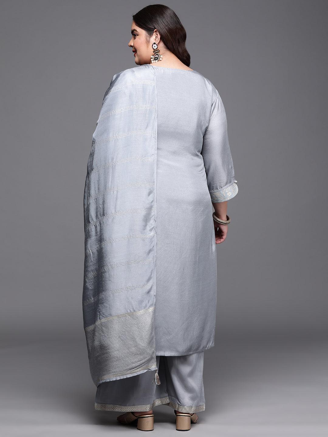 Plus Size Grey Woven Design Silk Blend Suit Set - ShopLibas 