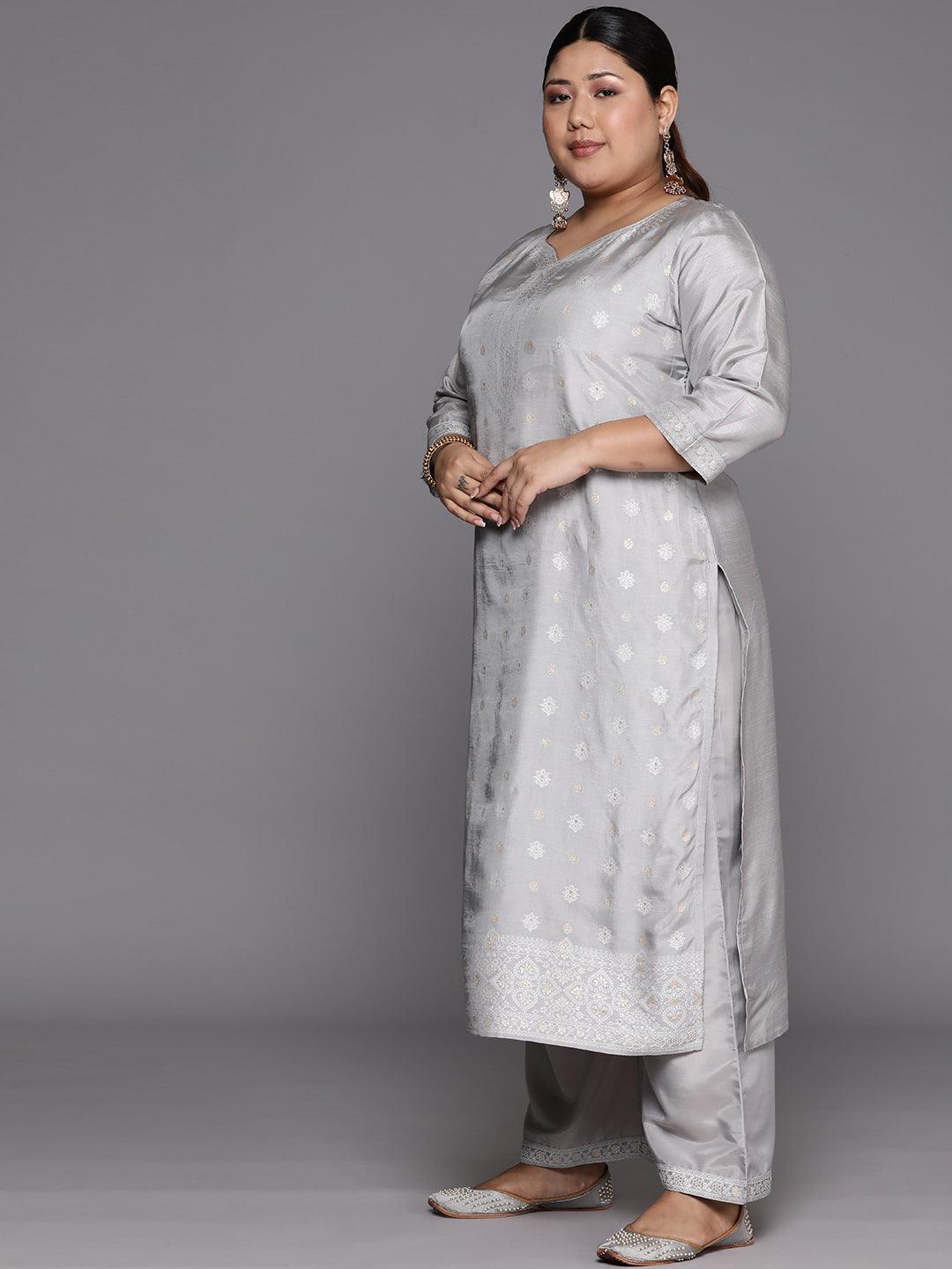 Plus Size Grey Woven Design Silk Blend Straight Suit Set - Libas 