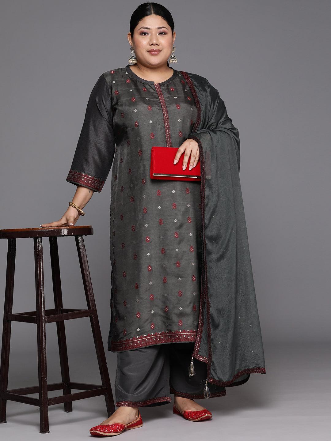 Plus Size Grey Woven Design Silk Blend Straight Suit Set - Libas 