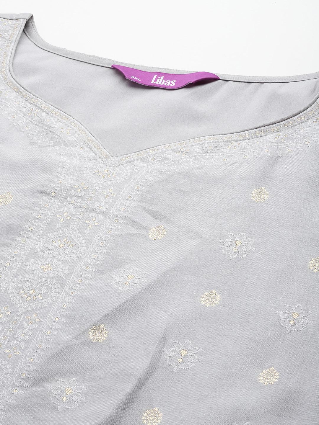Plus Size Grey Woven Design Silk Blend Straight Suit Set - Libas 
