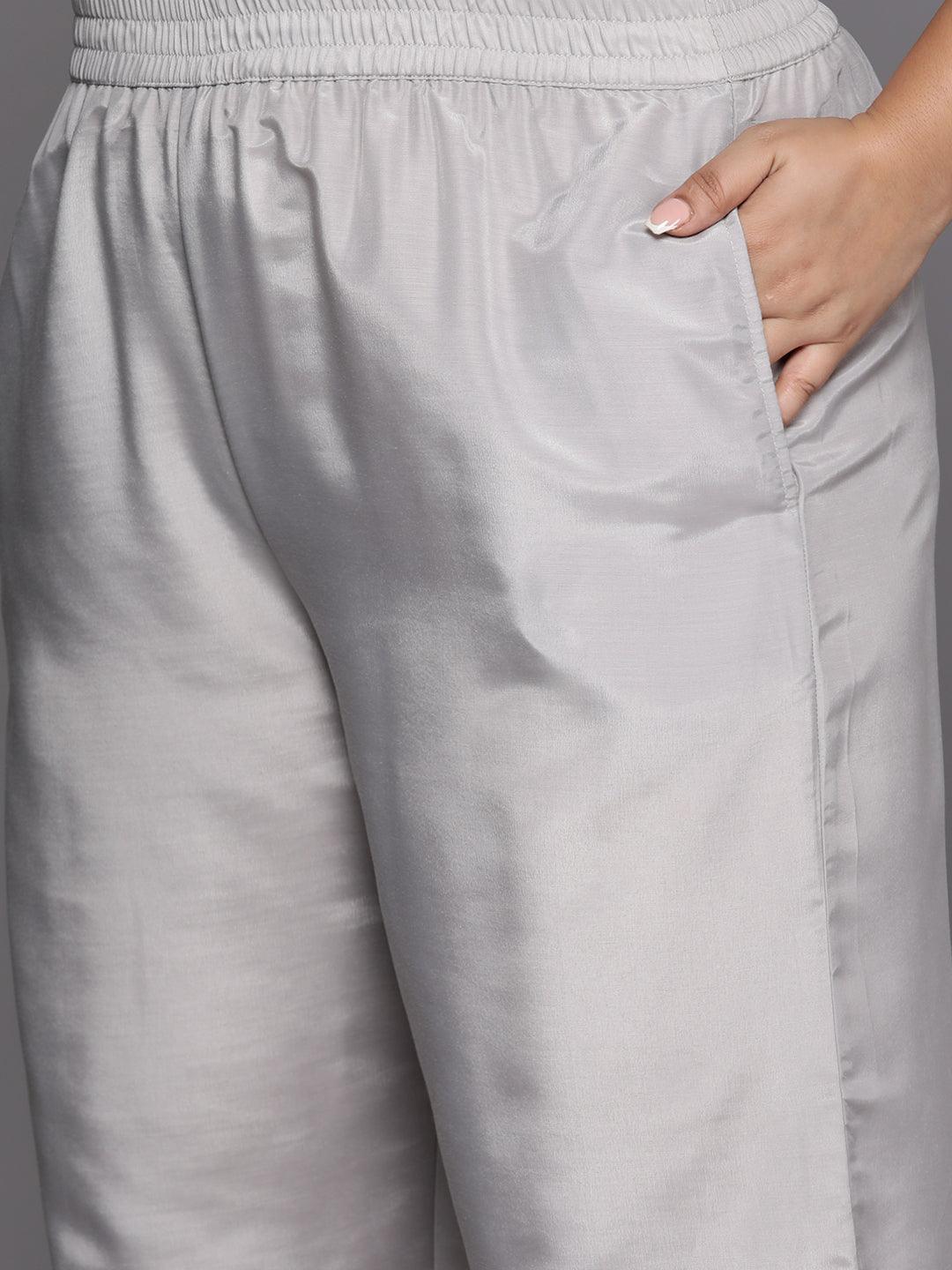 Plus Size Grey Woven Design Silk Blend Straight Suit Set - Libas 