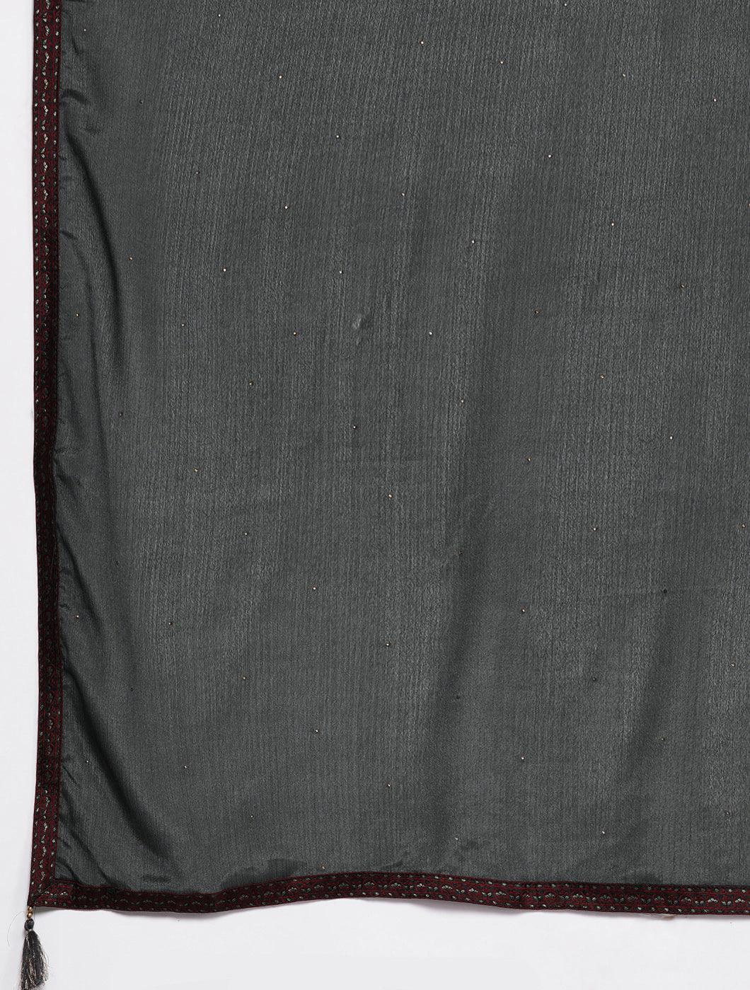 Plus Size Grey Woven Design Silk Blend Straight Suit Set - Libas 