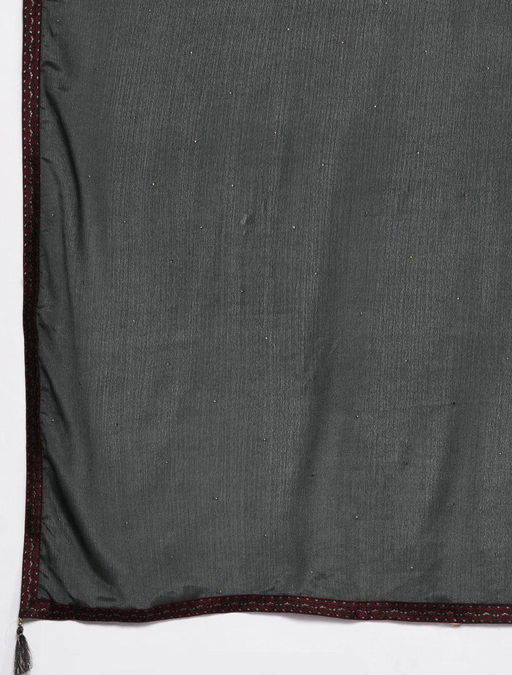 Plus Size Grey Woven Design Silk Blend Straight Kurta With Trousers & Dupatta