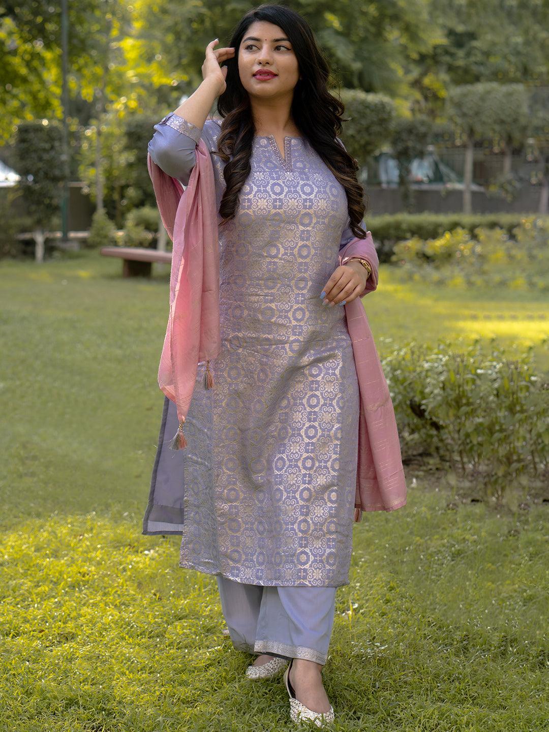 Plus Size Lavender Woven Design Silk Blend Suit Set - ShopLibas