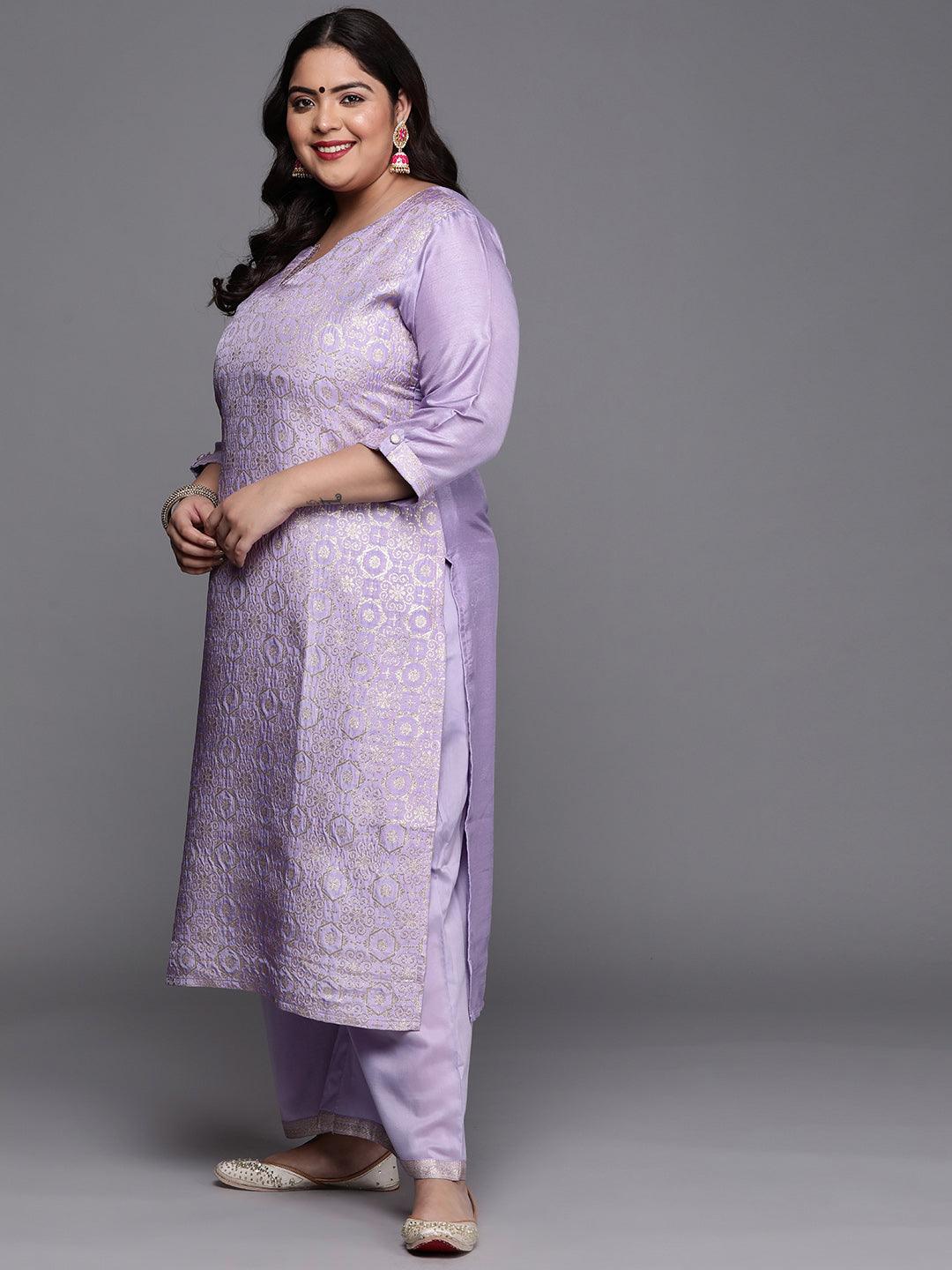 Plus Size Lavender Woven Design Silk Blend Suit Set - ShopLibas 