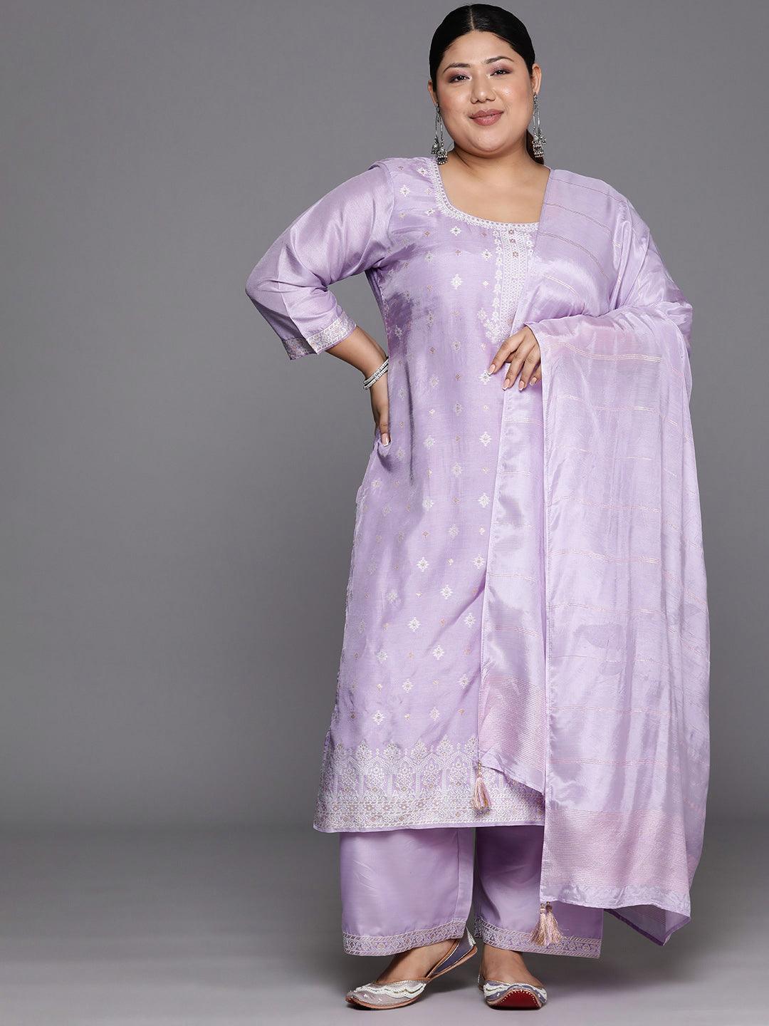 Plus Size Lavender Woven Design Silk Blend Straight Suit Set - Libas 