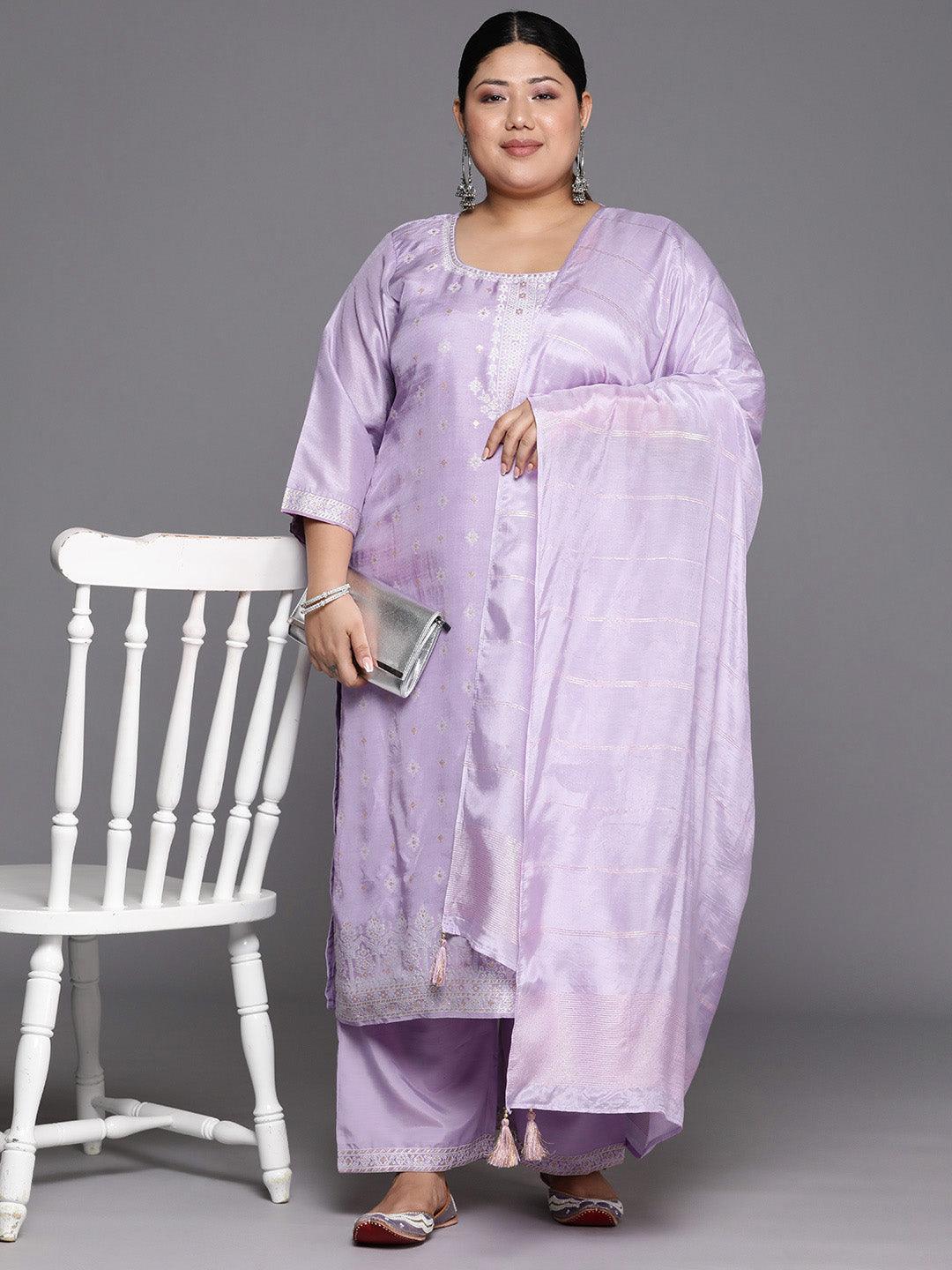 Plus Size Lavender Woven Design Silk Blend Straight Suit Set - Libas 