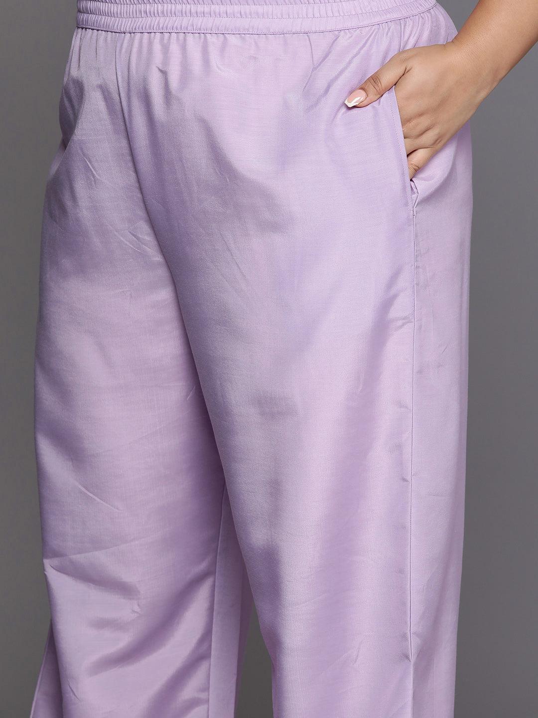 Plus Size Lavender Woven Design Silk Blend Straight Suit Set - Libas 