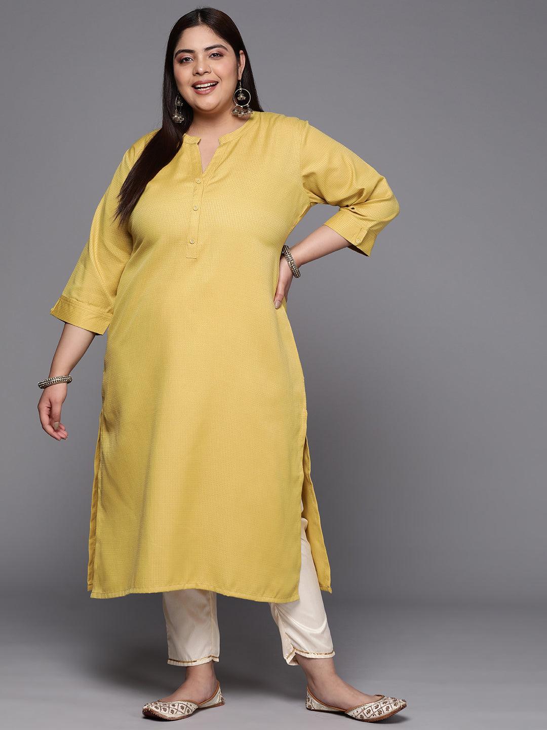 Plus Size Lime Green Woven Design Rayon Straight Kurta - ShopLibas
