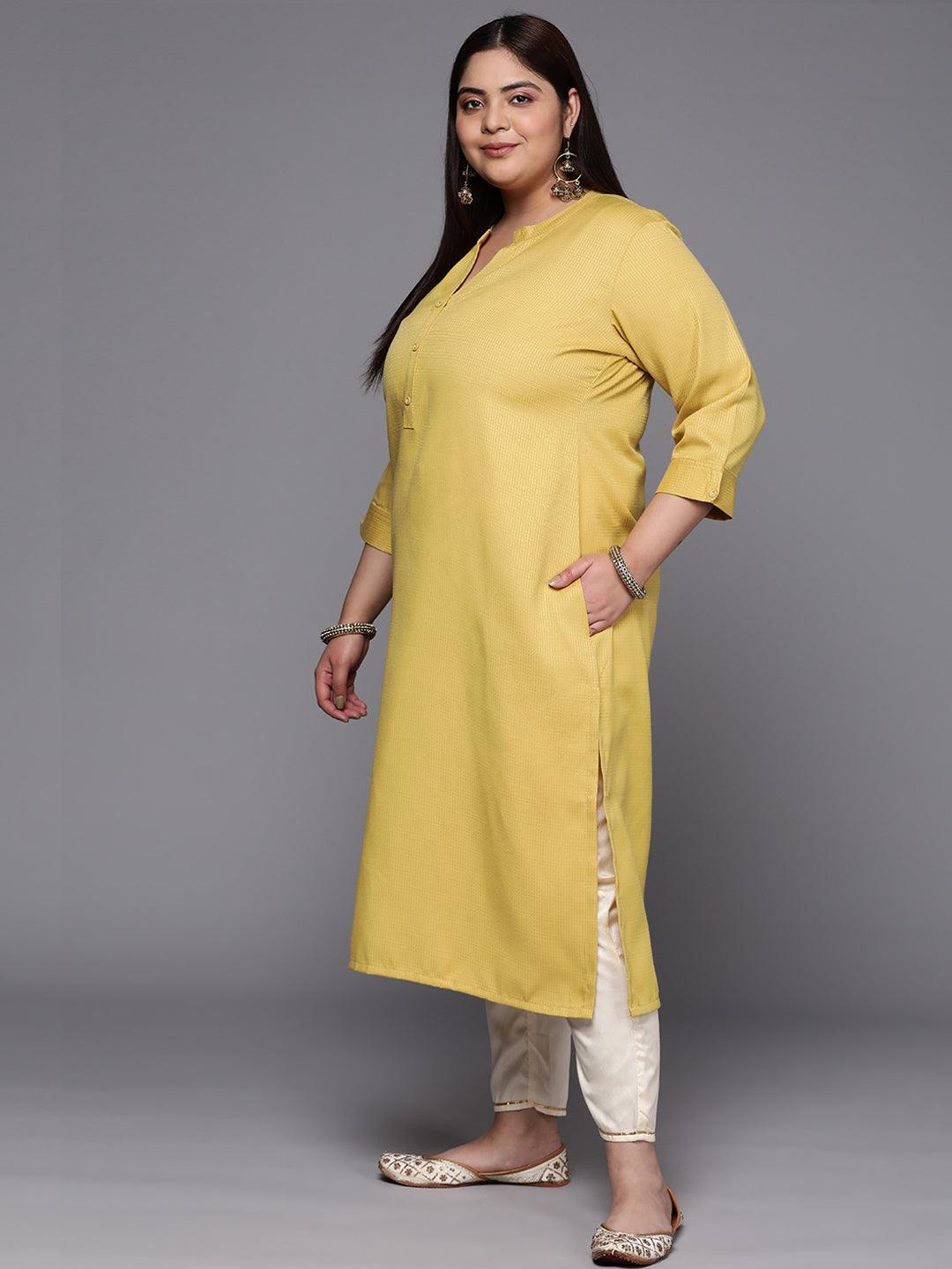 Plus Size Lime Green Woven Design Rayon Straight Kurta - ShopLibas 