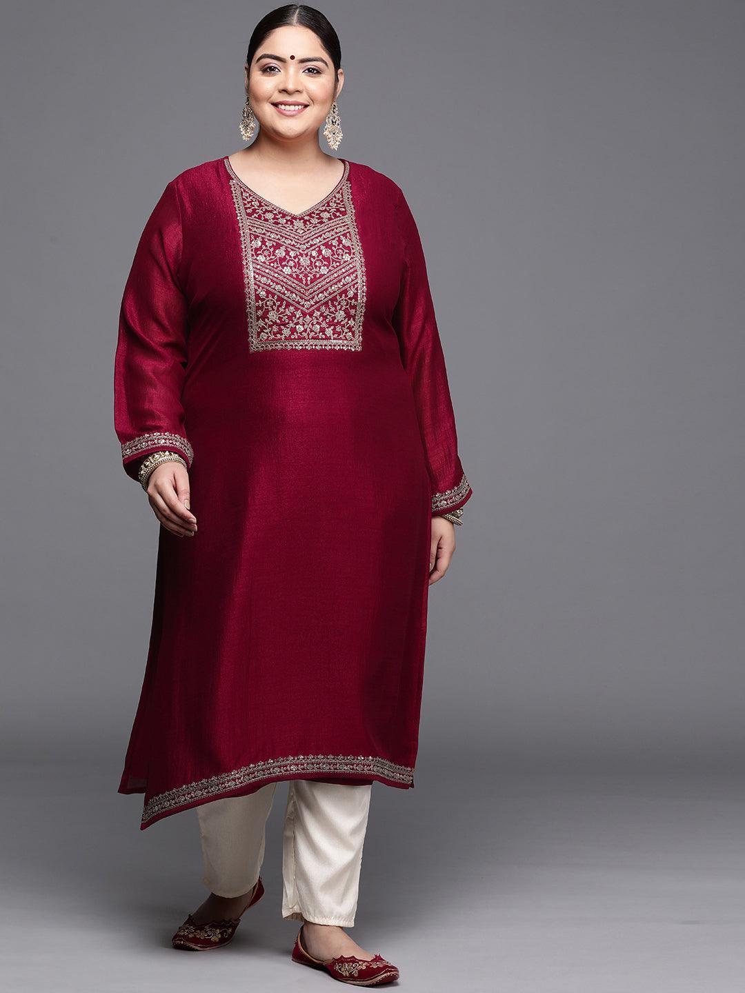 Plus Size Magenta Yoke Design Silk Kurta - ShopLibas