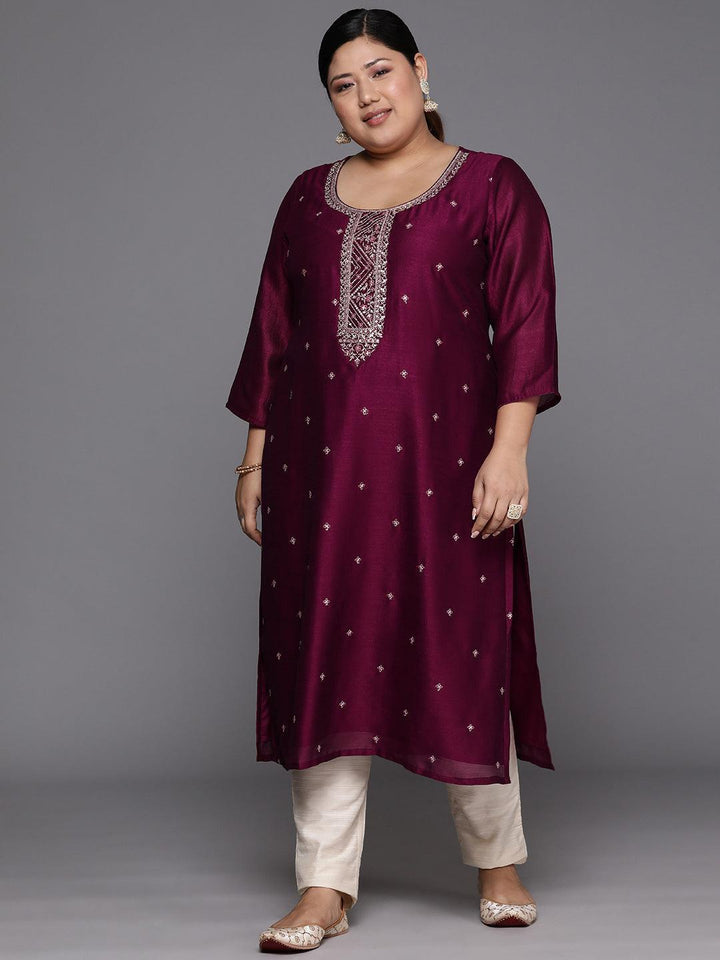 Plus Size Maroon Embroidered Silk Straight Kurta