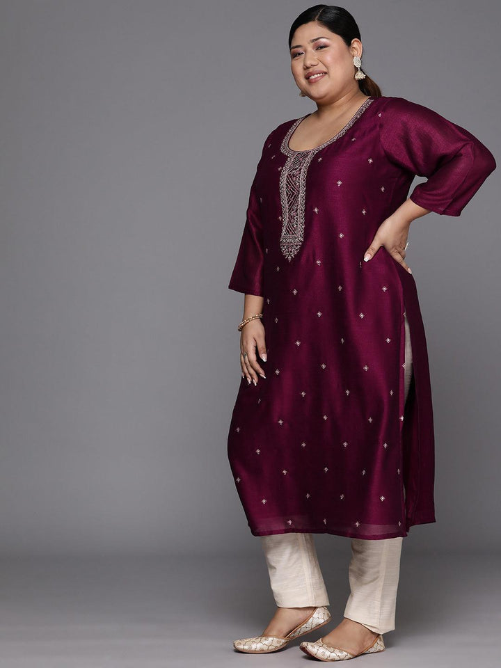 Plus Size Maroon Embroidered Silk Straight Kurta