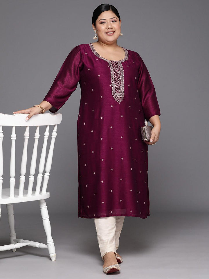 Plus Size Maroon Embroidered Silk Straight Kurta