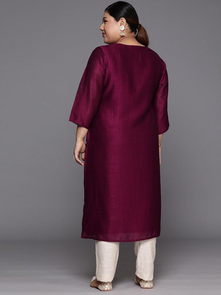 Plus Size Maroon Embroidered Silk Straight Kurta
