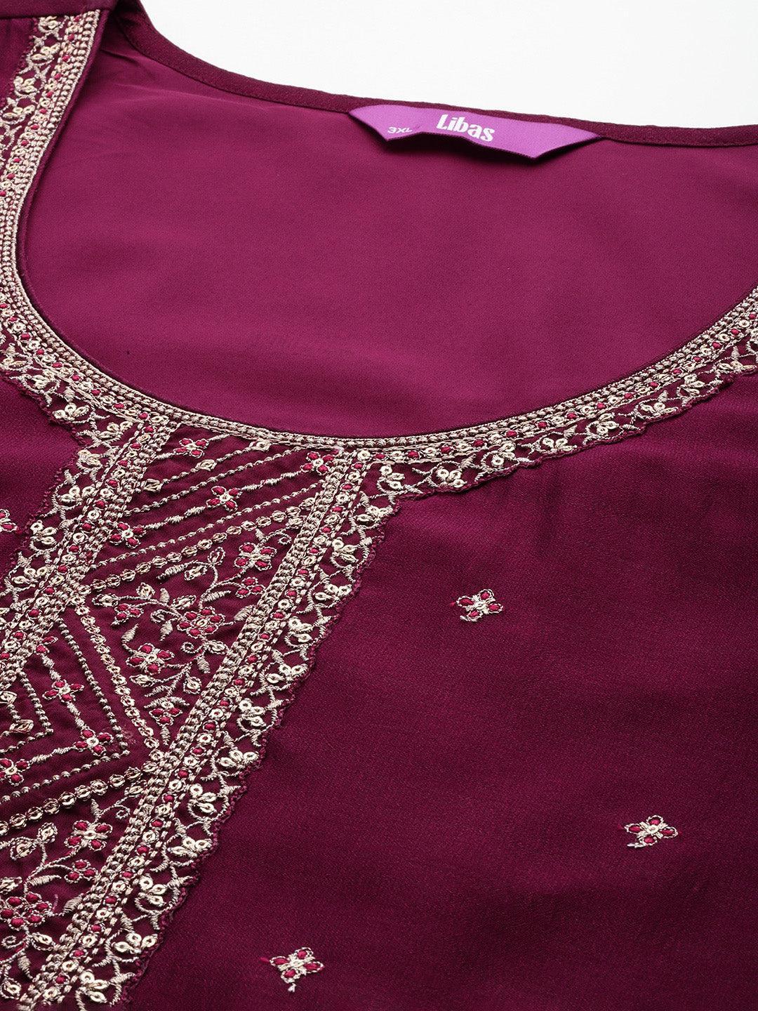 Plus Size Maroon Embroidered Silk Straight Kurta - Libas 