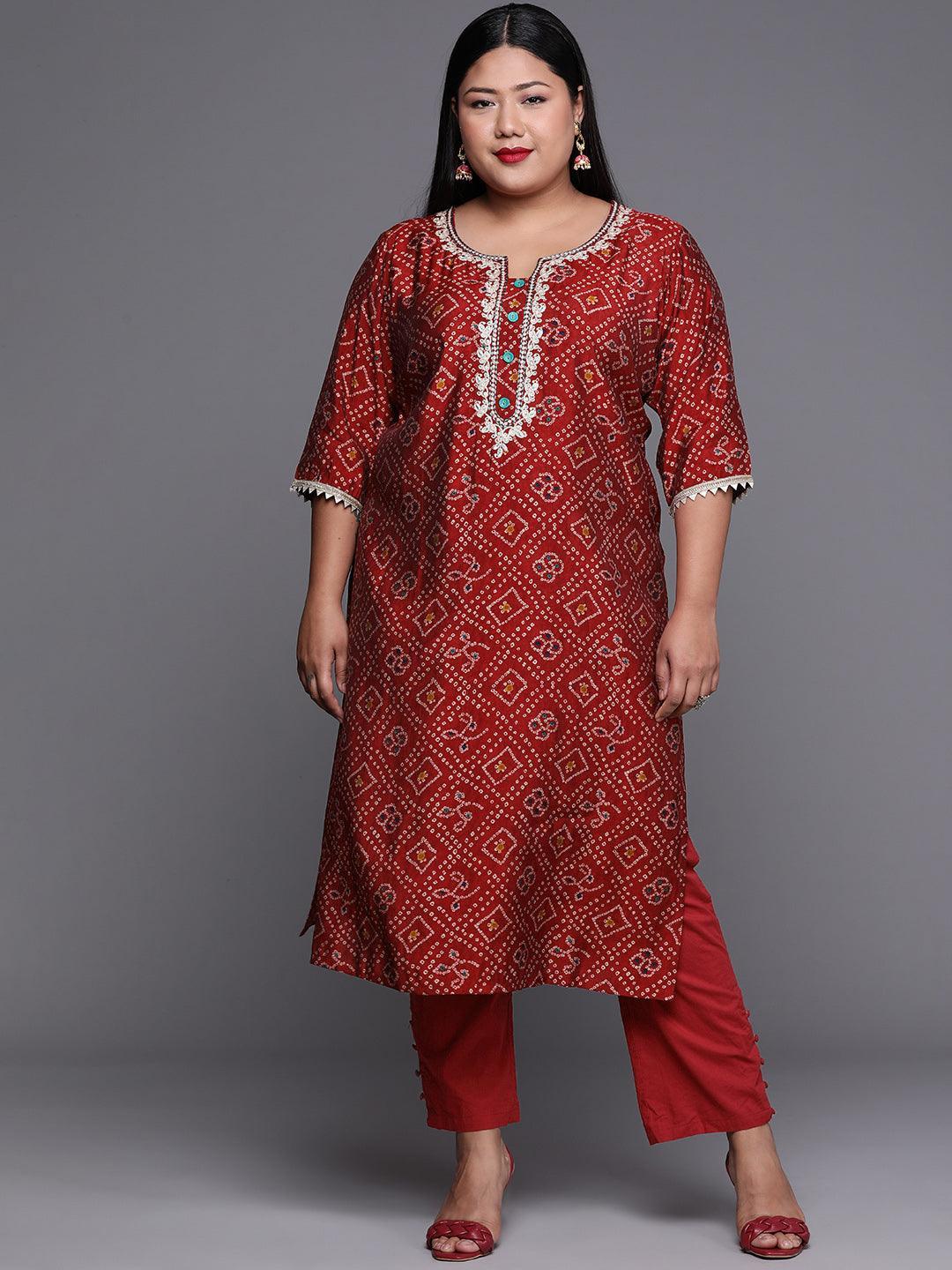 Plus Size Maroon Printed Chanderi Silk Kurta - ShopLibas