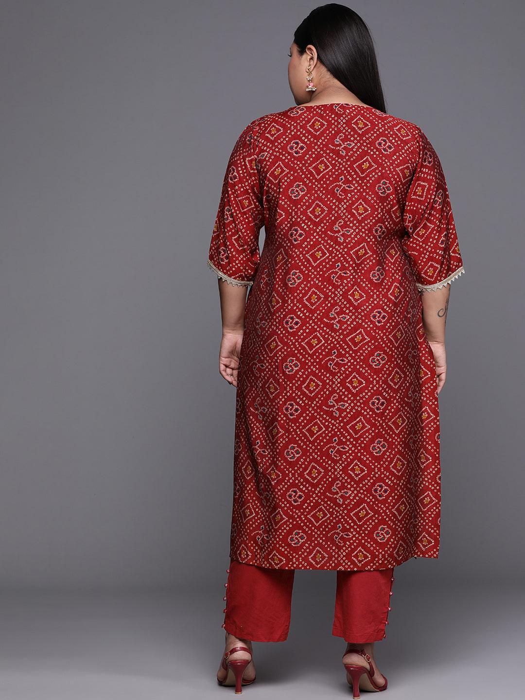 Plus Size Maroon Printed Chanderi Silk Kurta - ShopLibas 