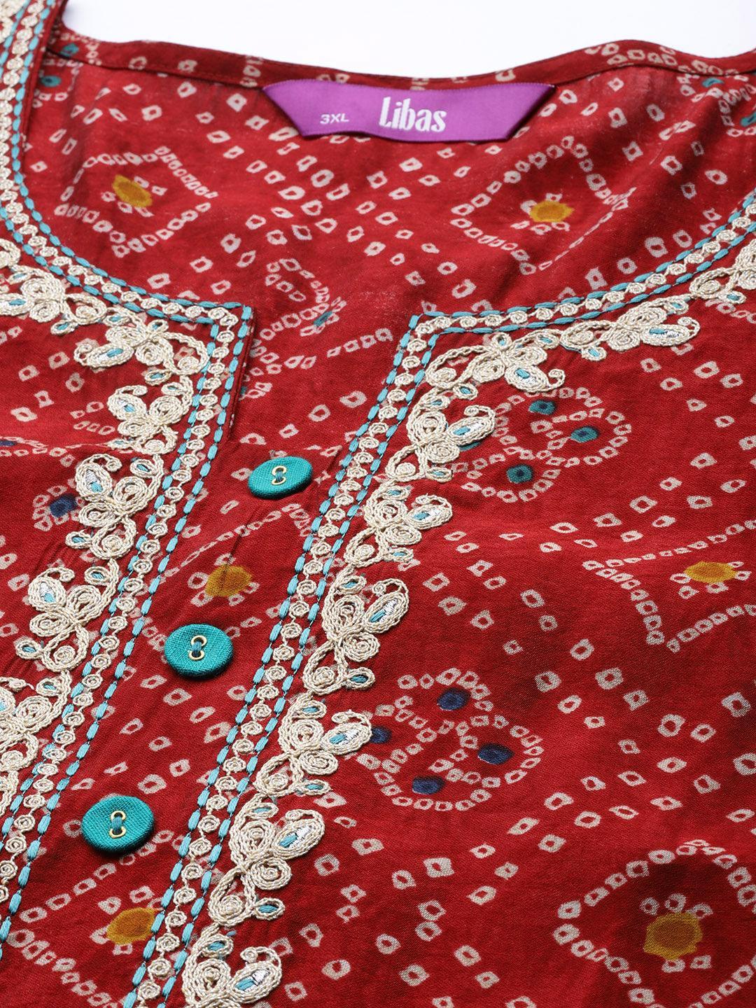 Plus Size Maroon Printed Chanderi Silk Kurta - ShopLibas 