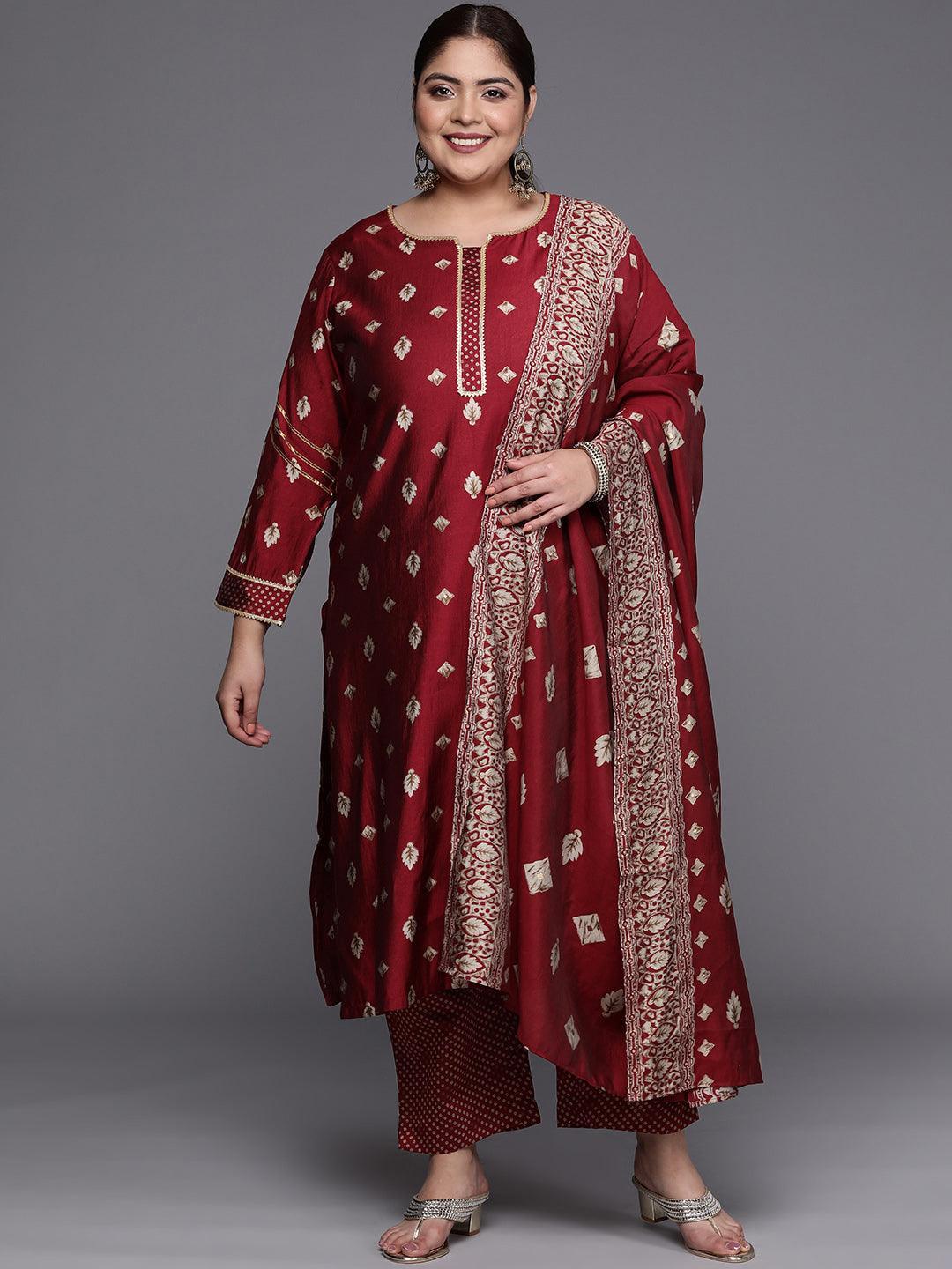 Plus Size Maroon Printed Silk Blend Straight Suit Set - ShopLibas