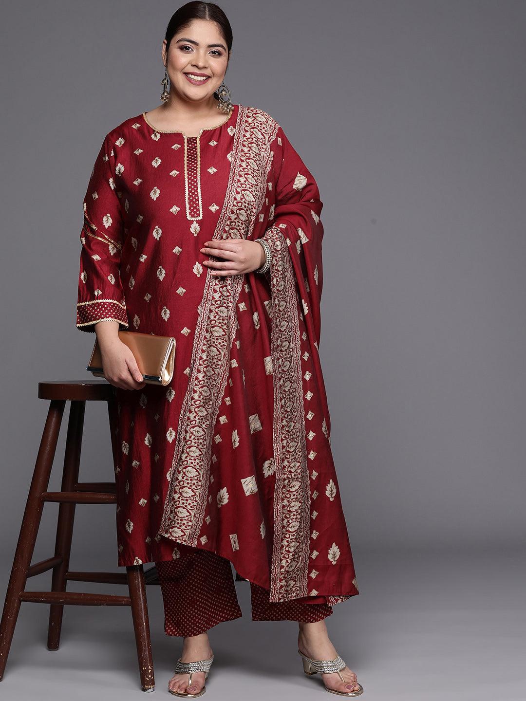 Plus Size Maroon Printed Silk Blend Straight Suit Set - ShopLibas 