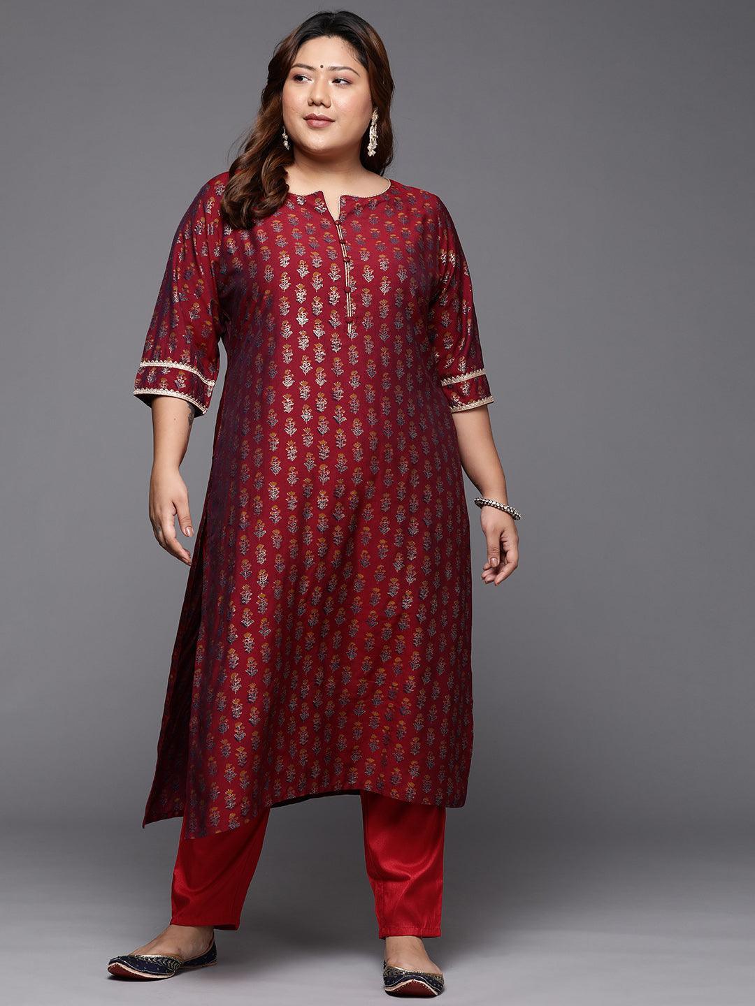 Plus Size Maroon Printed Silk Straight Kurta - ShopLibas