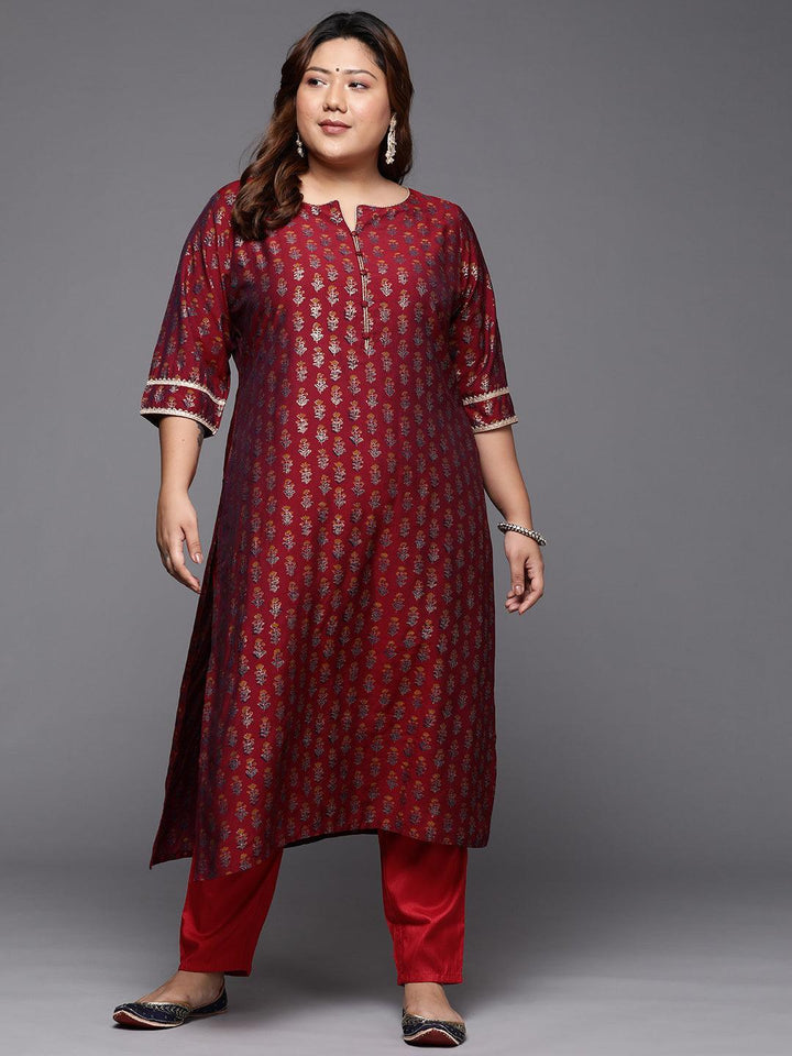 Plus Size Maroon Printed Silk Straight Kurta - ShopLibas