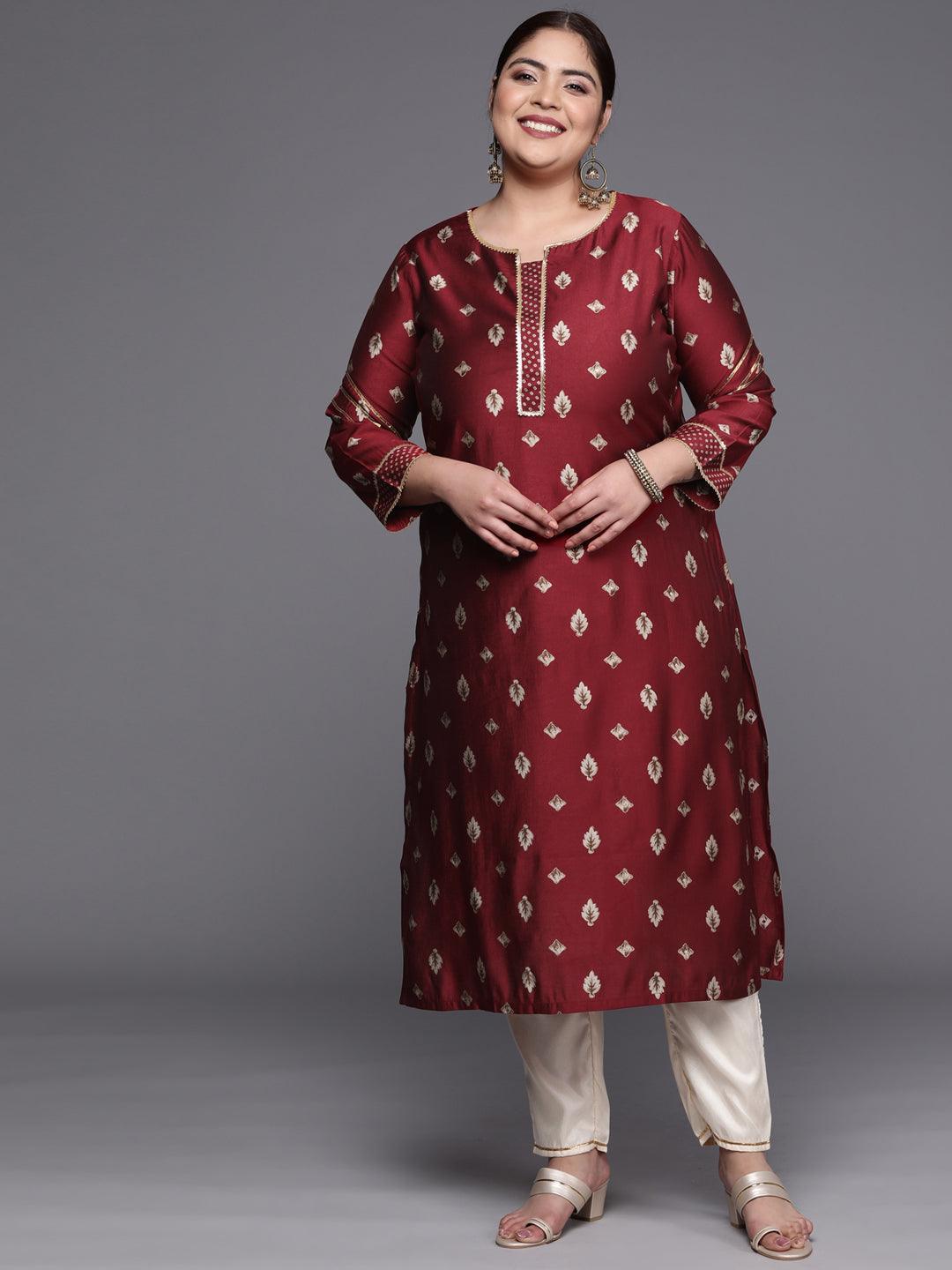 Plus Size Maroon Printed Silk Straight Kurta - ShopLibas