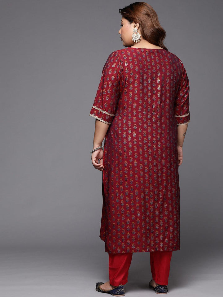 Plus Size Maroon Printed Silk Straight Kurta - ShopLibas