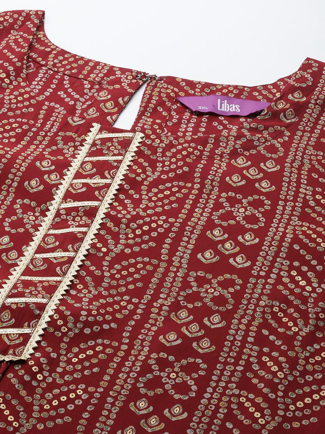 Plus Size Maroon Printed Silk Straight Kurta - ShopLibas 