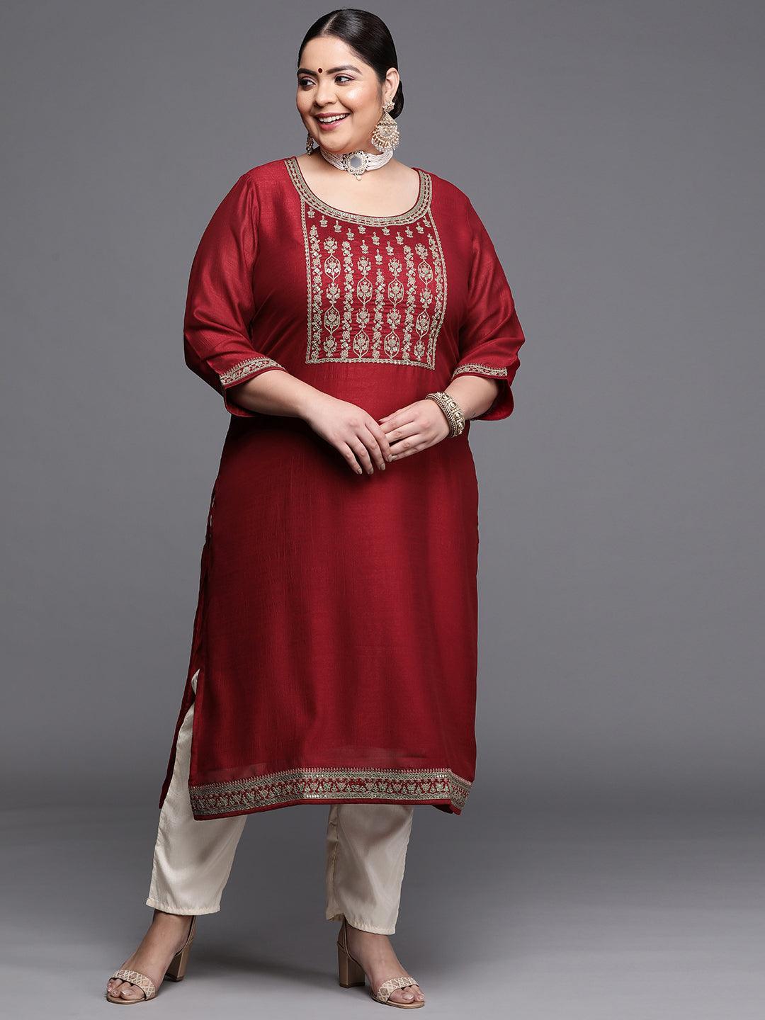 Plus Size Maroon Yoke Design Silk Kurta - ShopLibas