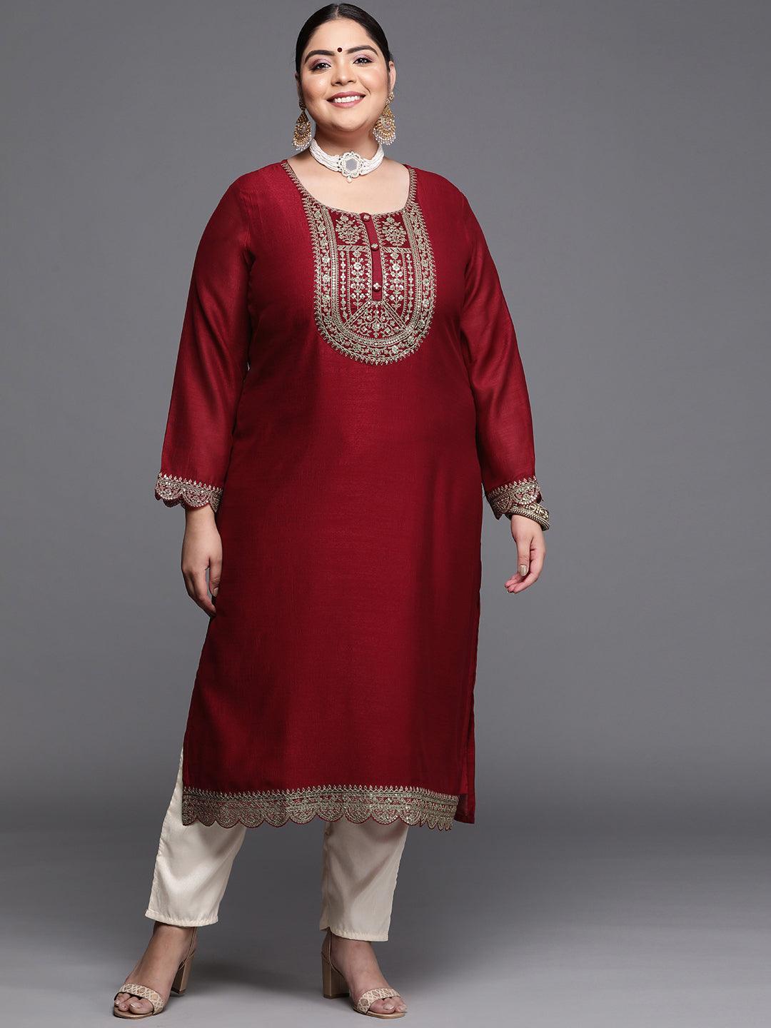 Plus Size Maroon Yoke Design Silk Kurta - ShopLibas