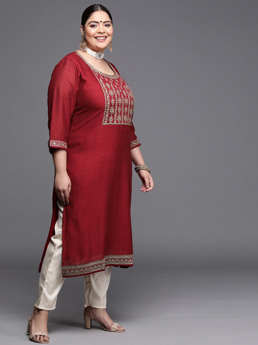 Plus Size Maroon Yoke Design Silk Kurta - ShopLibas 