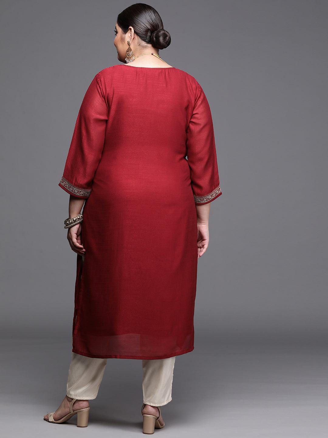 Plus Size Maroon Yoke Design Silk Kurta - ShopLibas 