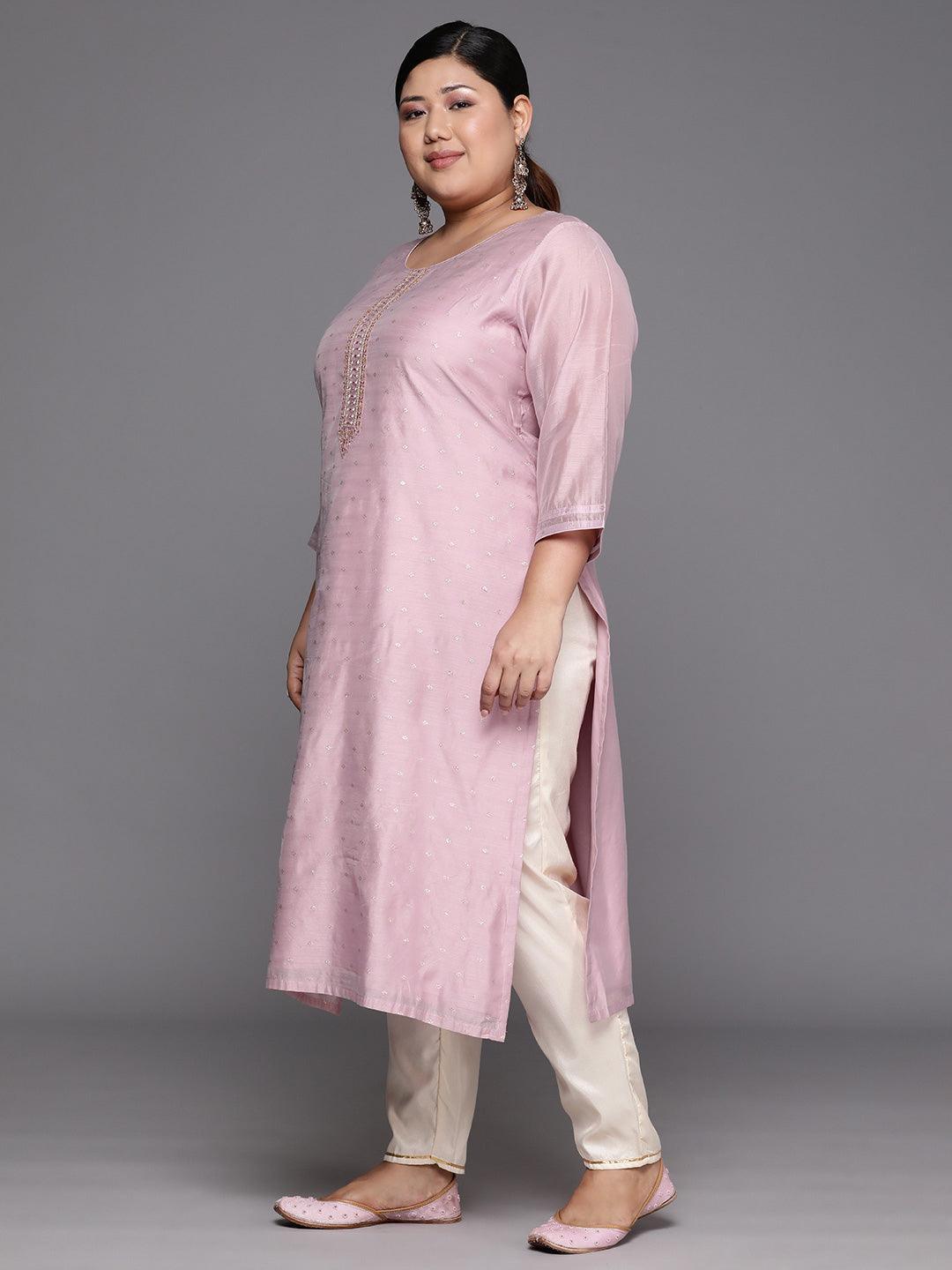 Plus Size Mauve Embroidered Chanderi Silk Straight Kurta - Libas 