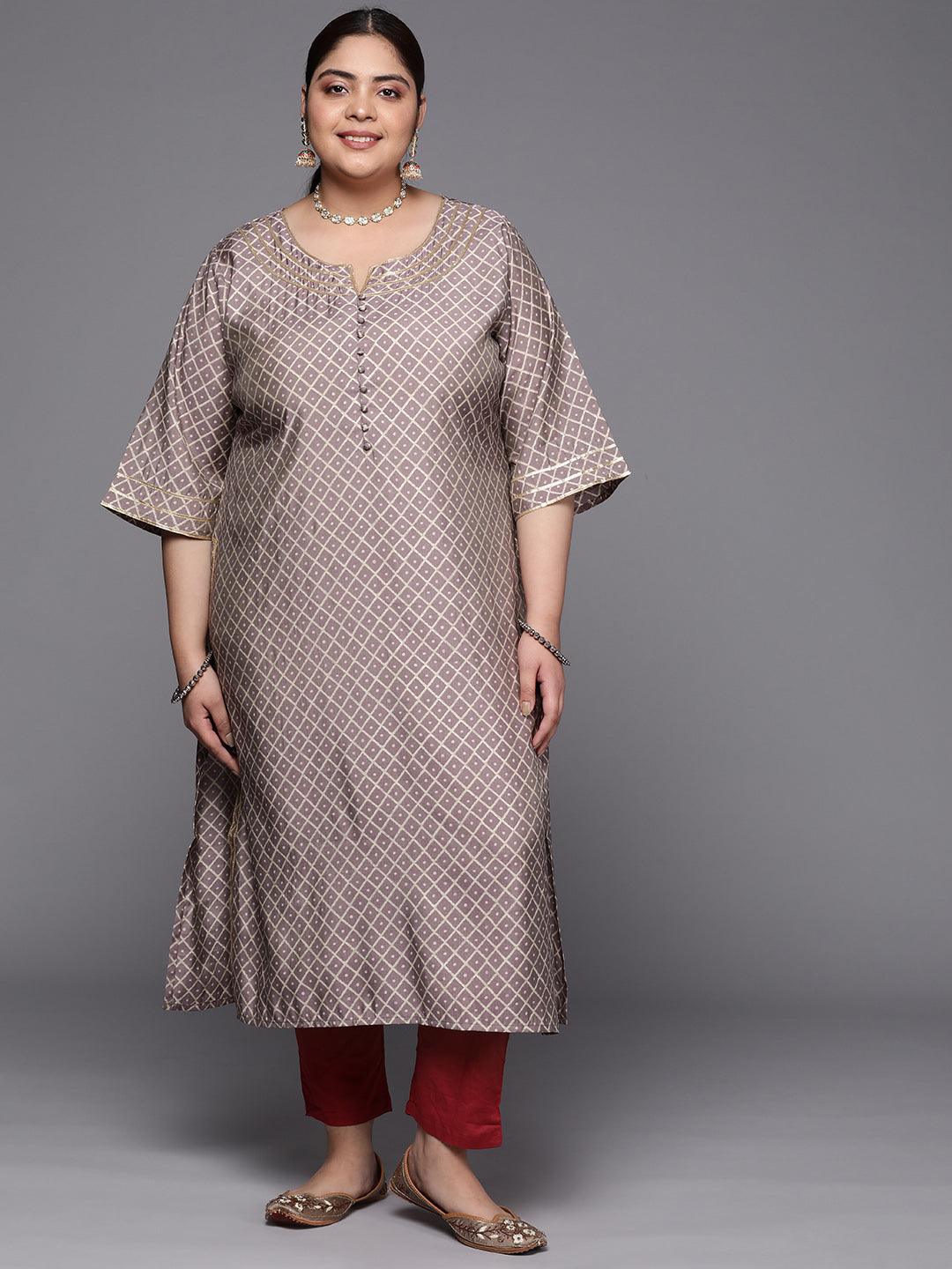 Plus Size Mauve Printed Silk Straight Kurta - ShopLibas