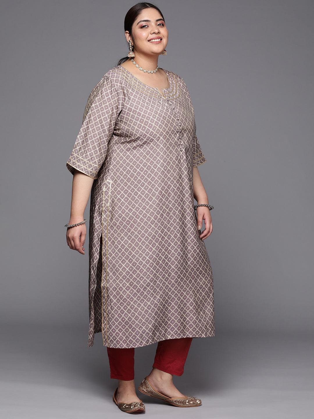 Plus Size Mauve Printed Silk Straight Kurta - ShopLibas 