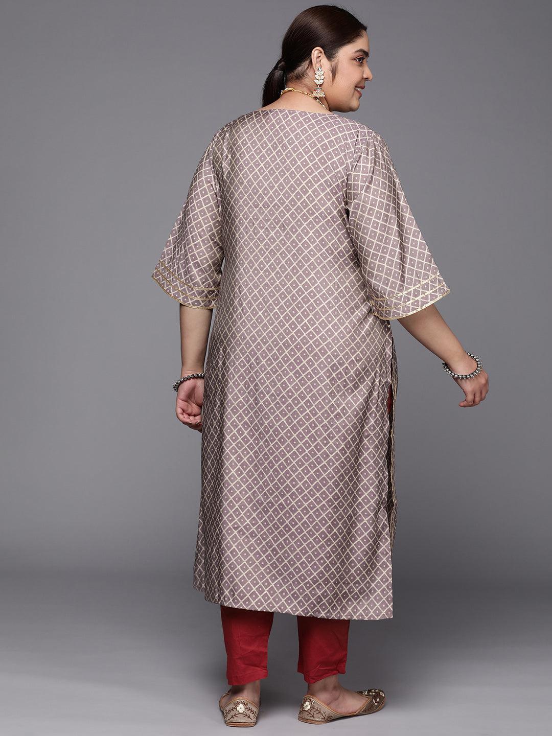 Plus Size Mauve Printed Silk Straight Kurta - ShopLibas 
