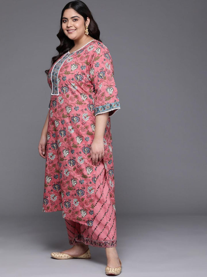 Plus Size Multi Printed Cotton Straight Suit Set