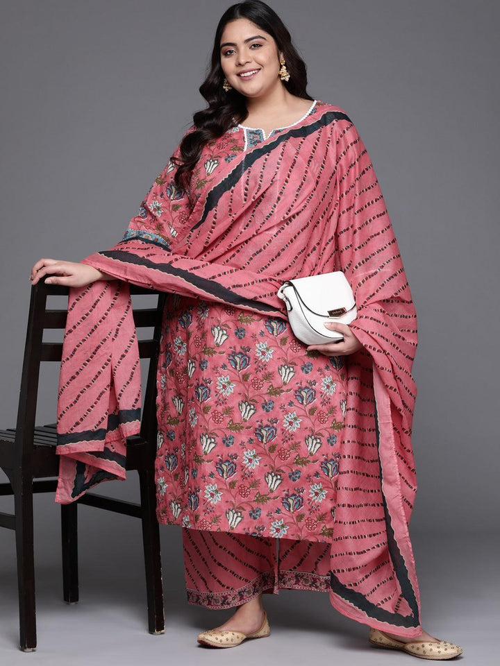 Plus Size Multi Printed Cotton Straight Suit Set