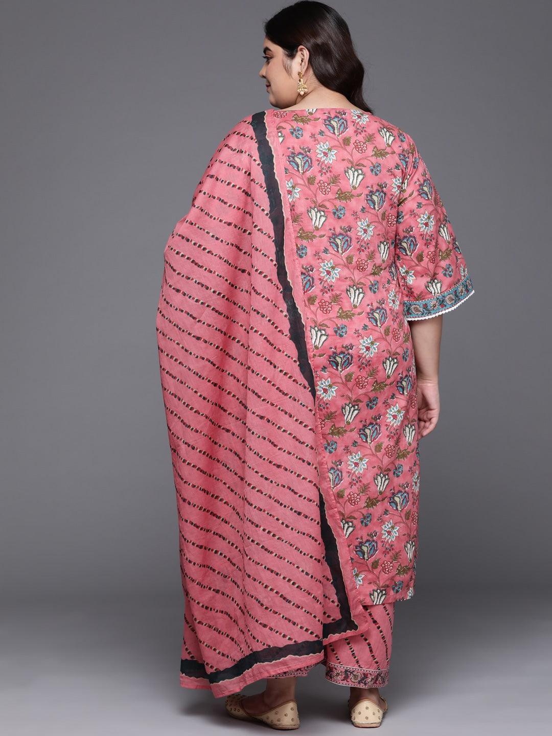 Plus Size Multi Printed Cotton Straight Suit Set - Libas 