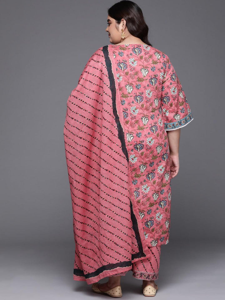 Plus Size Multi Printed Cotton Straight Suit Set