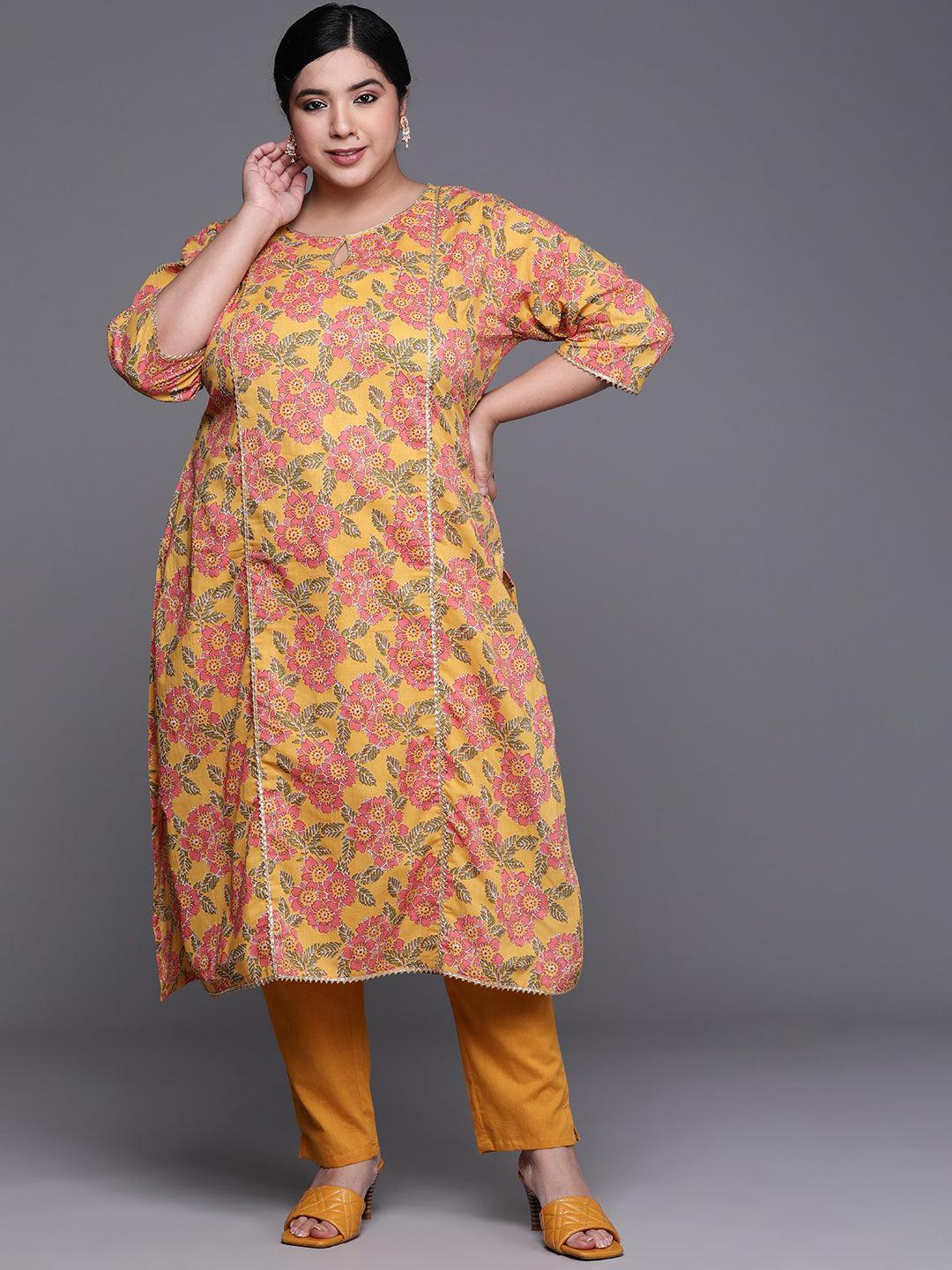 Plus Size Mustard Printed Cotton Kurta - ShopLibas