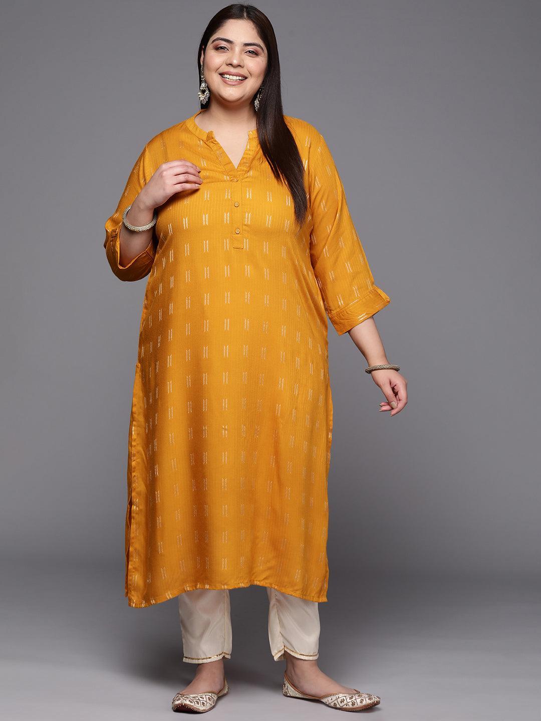 Plus Size Mustard Woven Design Rayon Straight Kurta - ShopLibas