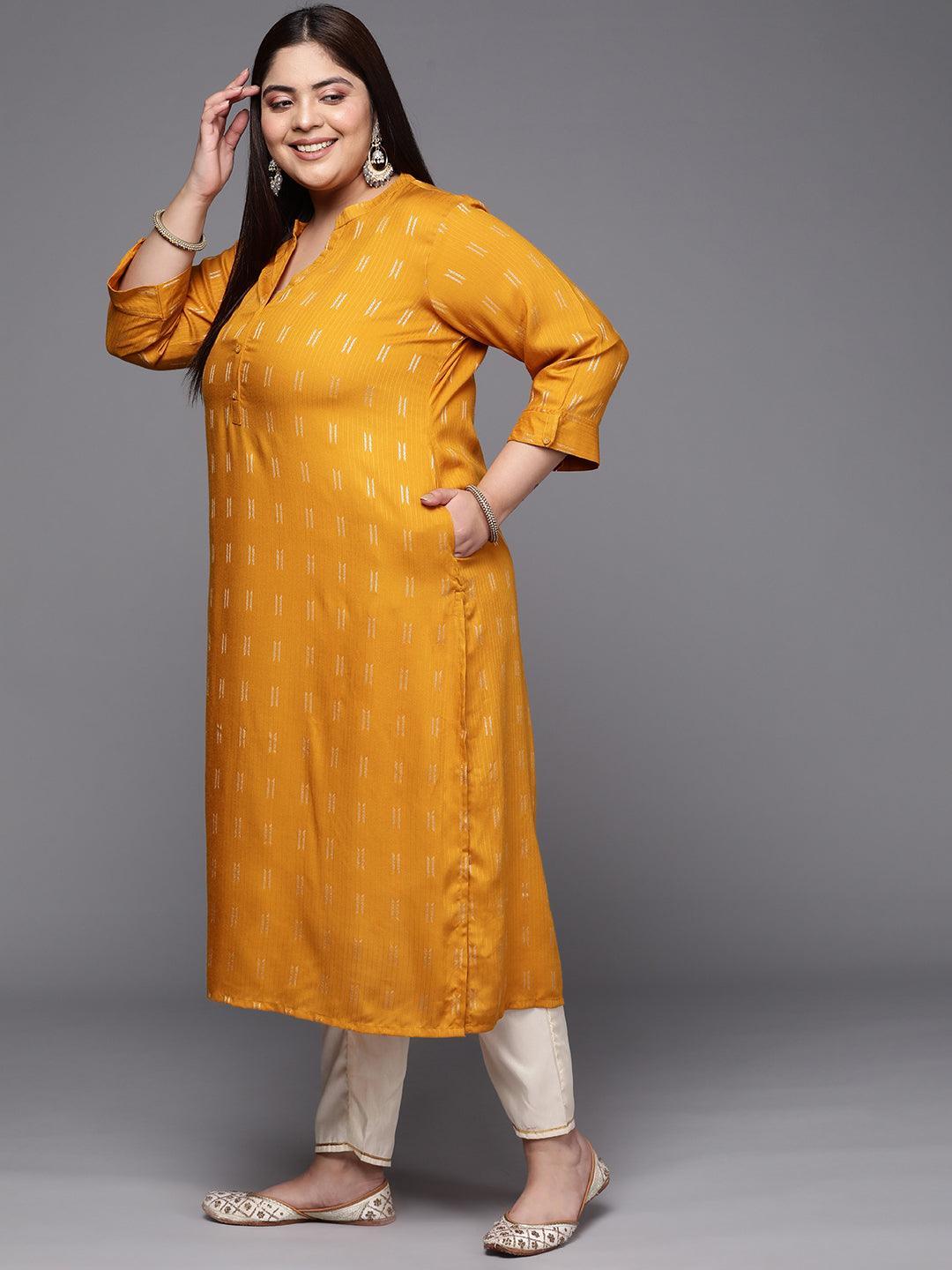 Plus Size Mustard Woven Design Rayon Straight Kurta - ShopLibas 