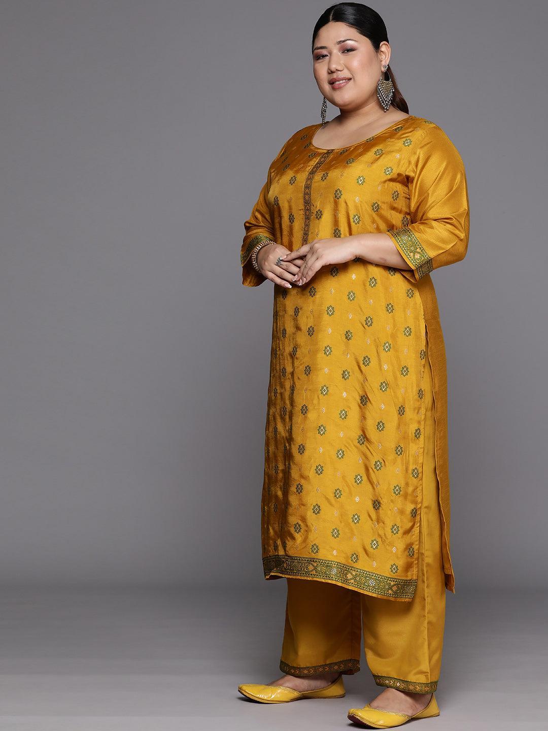 Plus Size Mustard Woven Design Silk Blend Straight Suit Set - Libas 