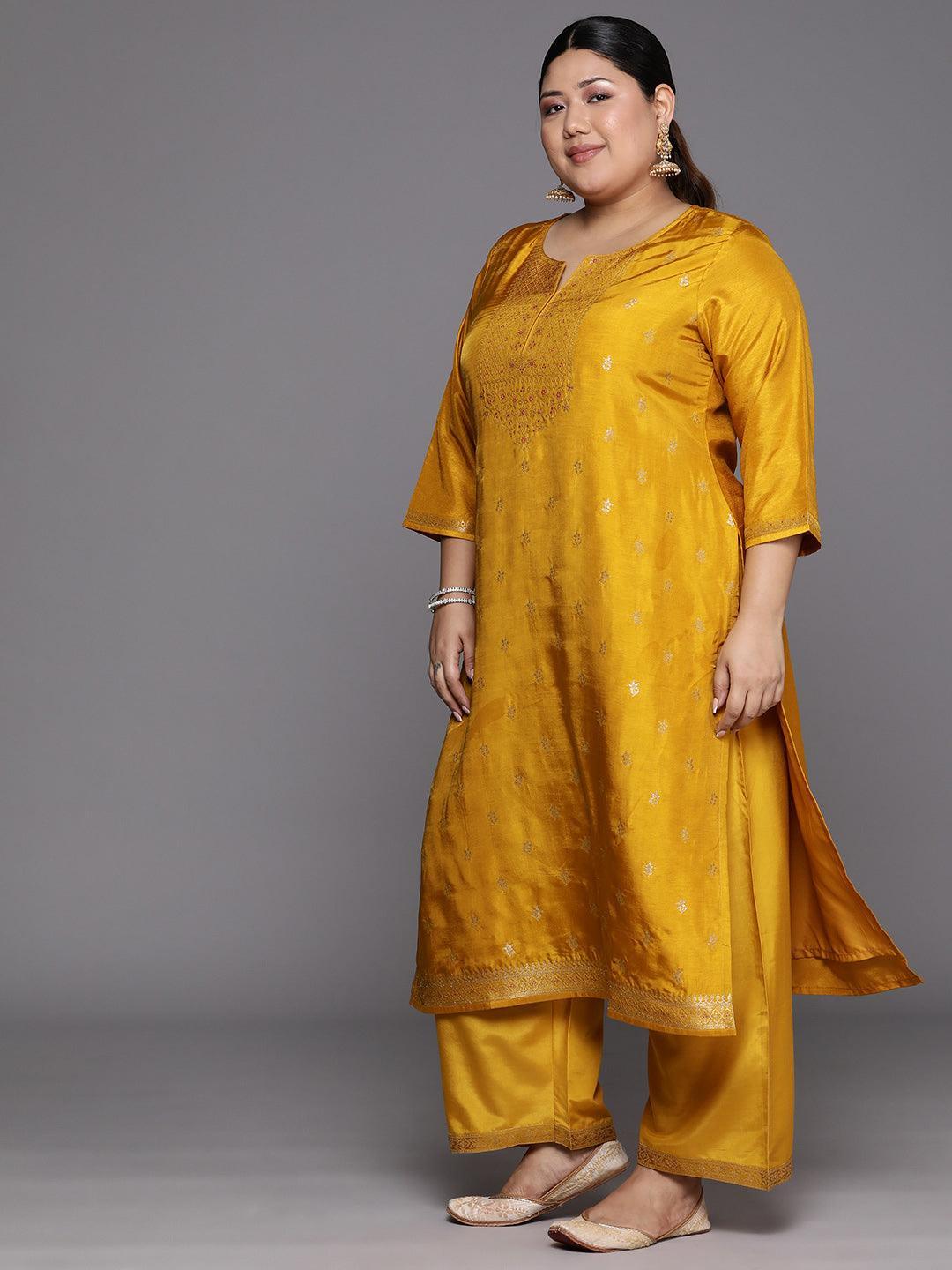 Plus Size Mustard Woven Design Silk Blend Straight Suit Set - Libas 